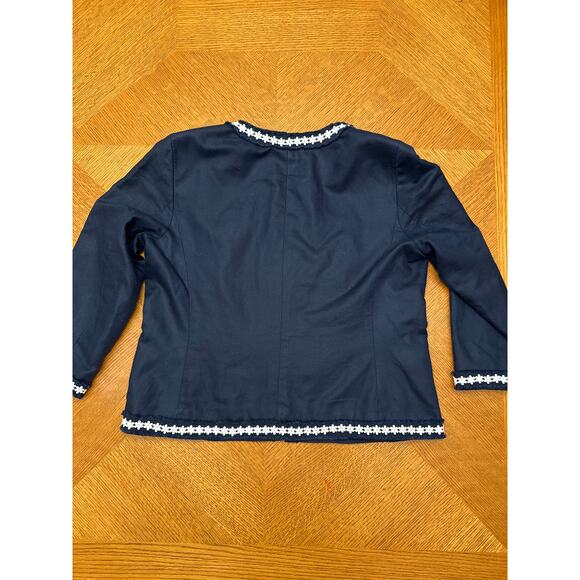 Talbots Navy Blue and White Floral Trim Cotton and Linen Blazer Size 8 - Picture 2 of 7